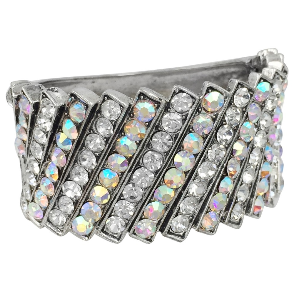 AB Clear Rhinestone Lines Large Statement Hinged Clamp Bracelet